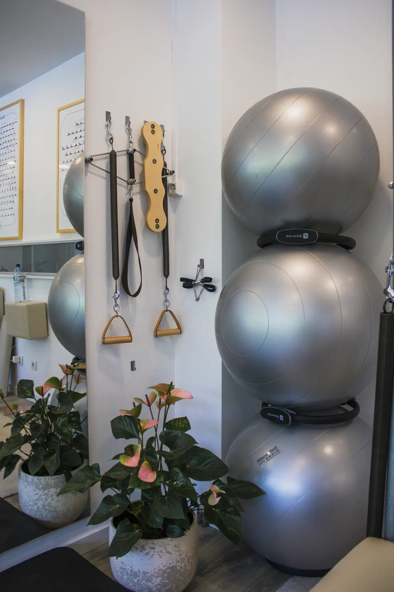 Bolas, molas e acessórios de Pilates organizados no estúdio